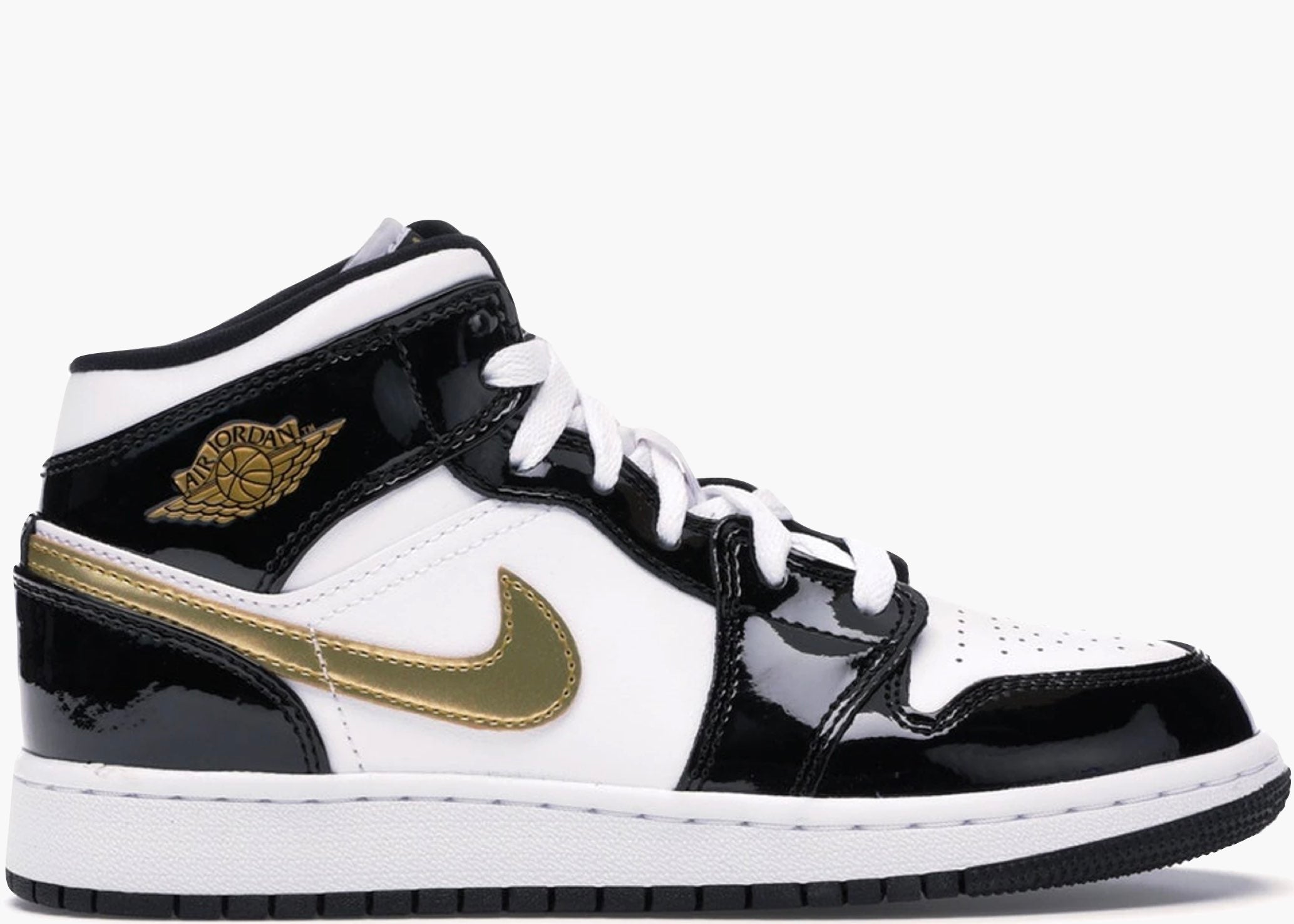Nike Air Jordan 1 Mid Patent Black White Gold (gs) BQ6931-007 Hype Clothinga Limited Edition