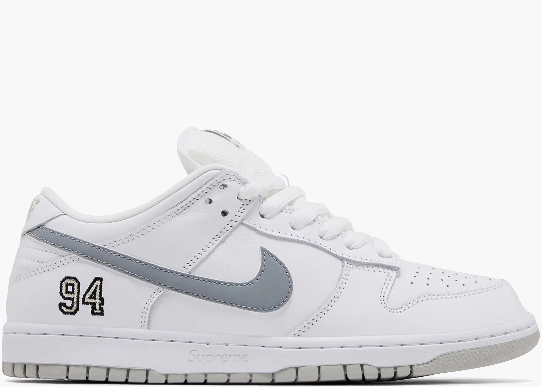 Nike SB Dunk Low Supreme 94 White Metallic Silver HQ8487-100 Hype Clothinga Limited Edition