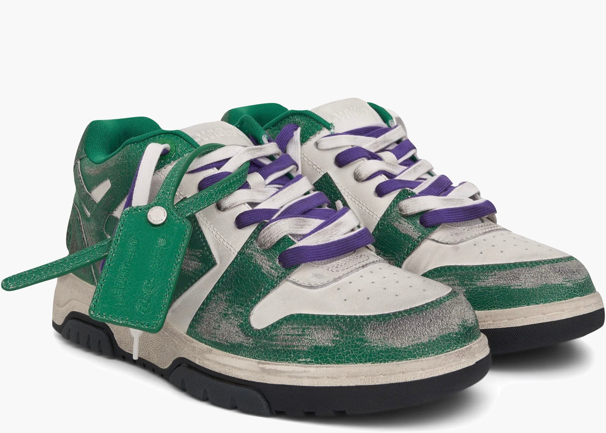 OFF-WHITE Out Of Office OOO Low Tops Green White Vintage Distressed Leather OMIA189F22LEA0110155 Hype Clothinga Limited Edition
