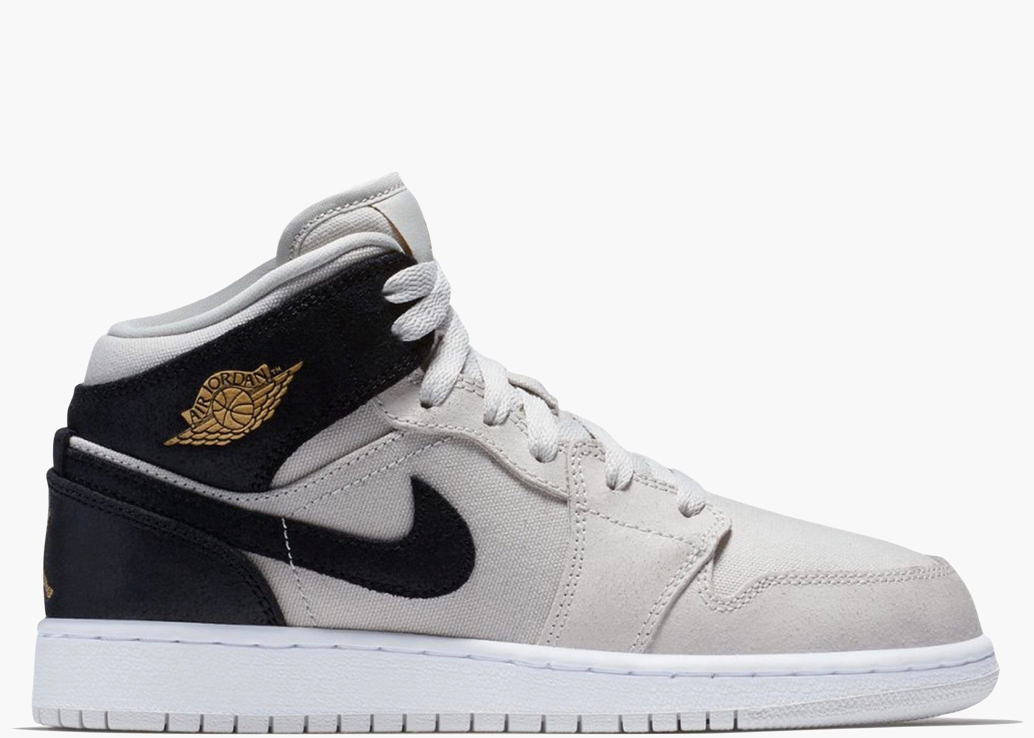 Nike Air Jordan 1 Mid Light Bone Metallic Gold Black (GS) 554725-023 Hype Clothinga Limited Edition