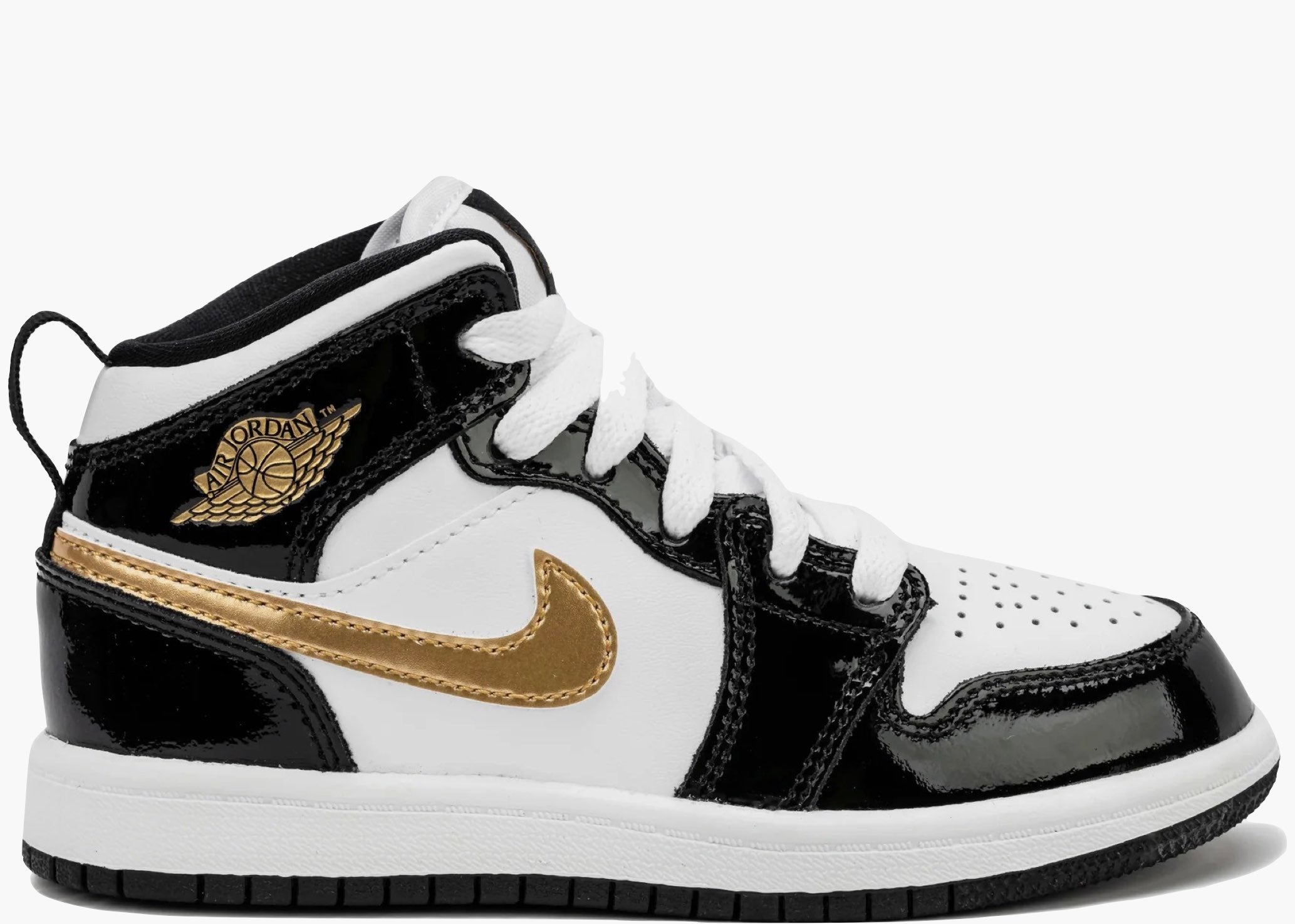 Nike Air Jordan 1 Mid Patent Black White Gold (PS)  BQ6932-007 Hype Clothinga Limited Edition