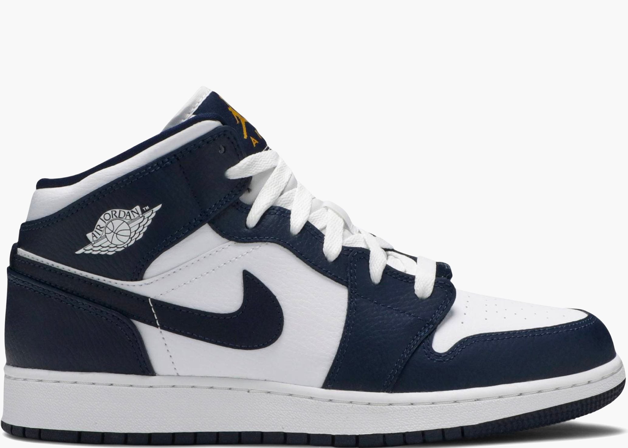 Nike Air Jordan 1 Mid White Metallic Gold Obsidian (gs) 554725-174 Hype Clothinga