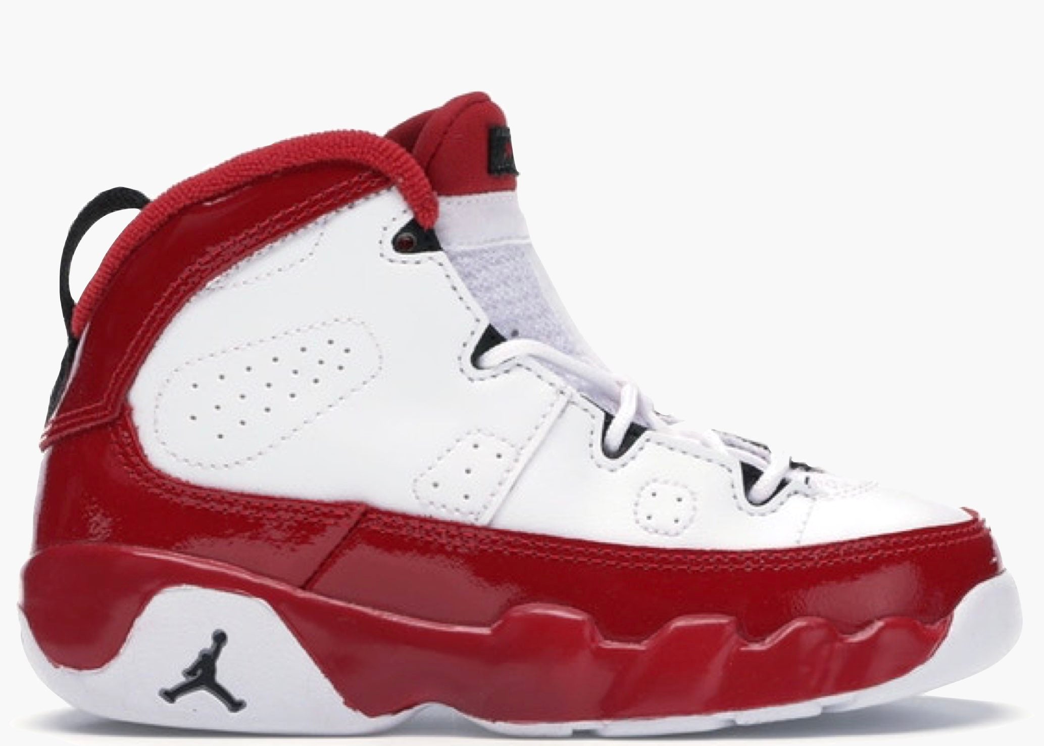Red and white jordan 9s top