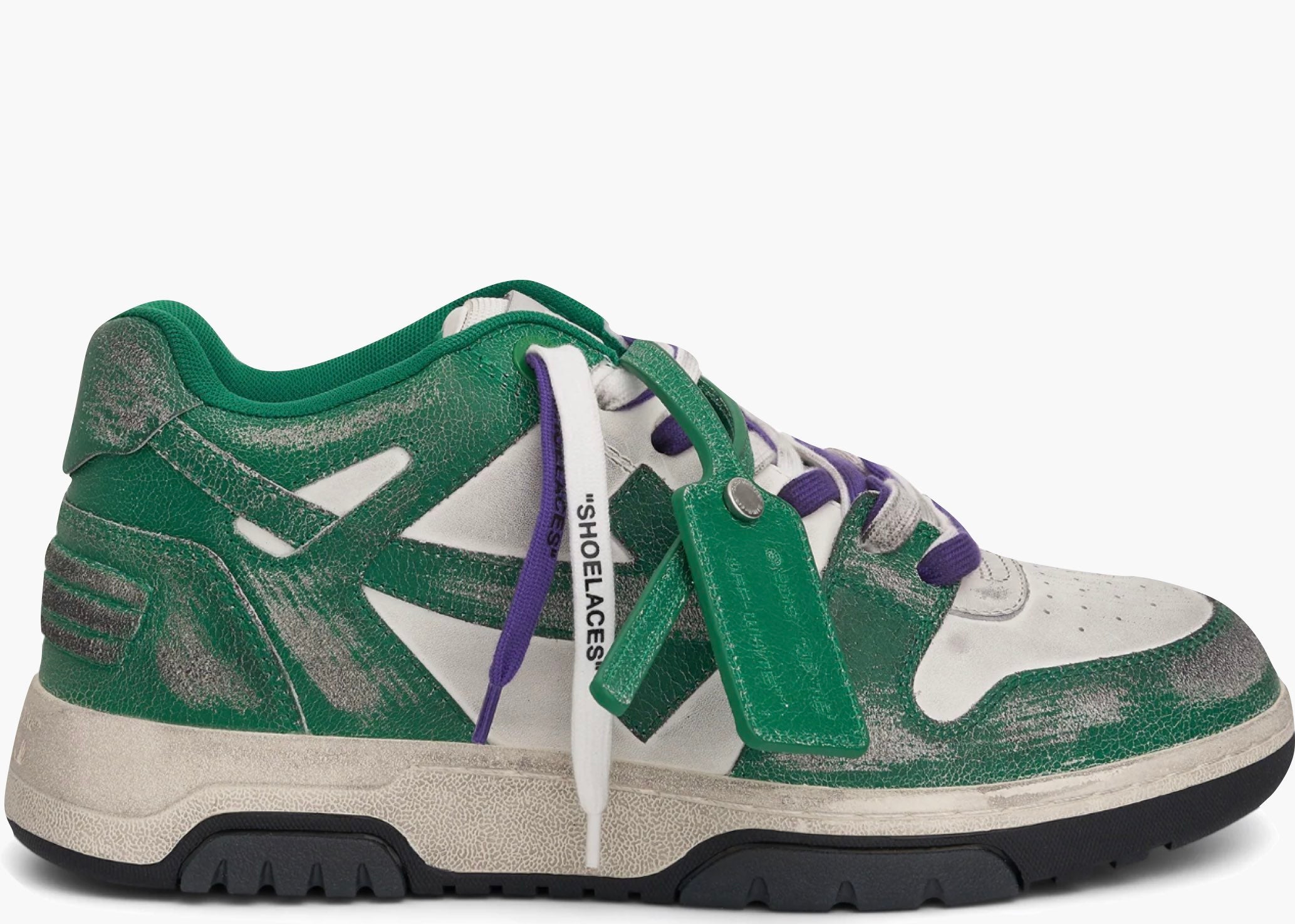 OFF-WHITE Out Of Office OOO Low Tops Green White Vintage Distressed Leather OMIA189F22LEA0110155 Hype Clothinga Limited Edition